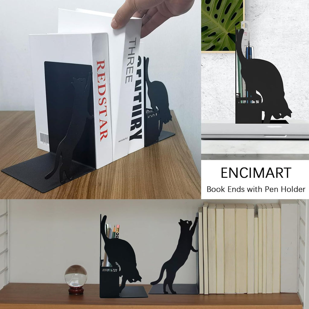 Cat Metal Bookends with Pen Holder, Cute Book Ends for Shelves Decorative