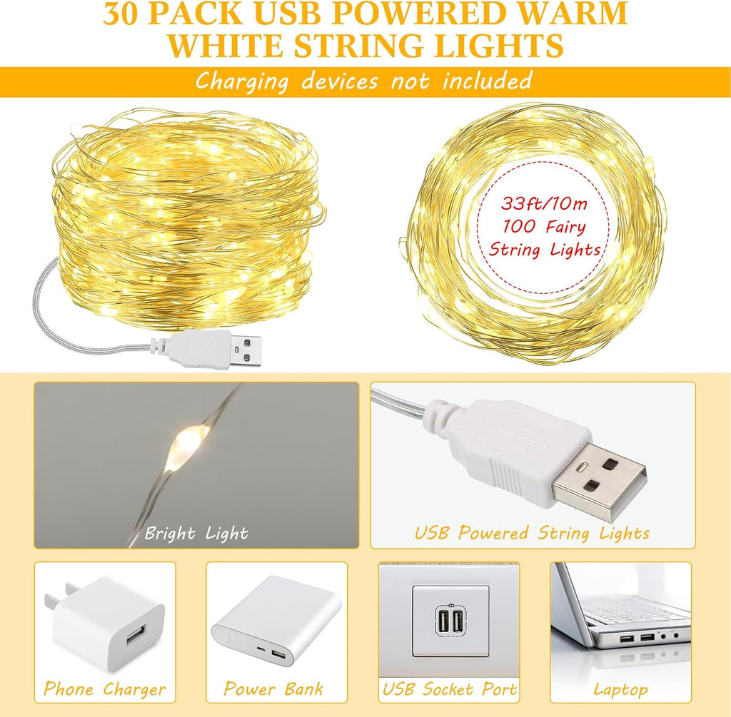 Macarrie Fairy Lights 33ft 100 LED USB Light, Warm, White USB, 30 Pcs