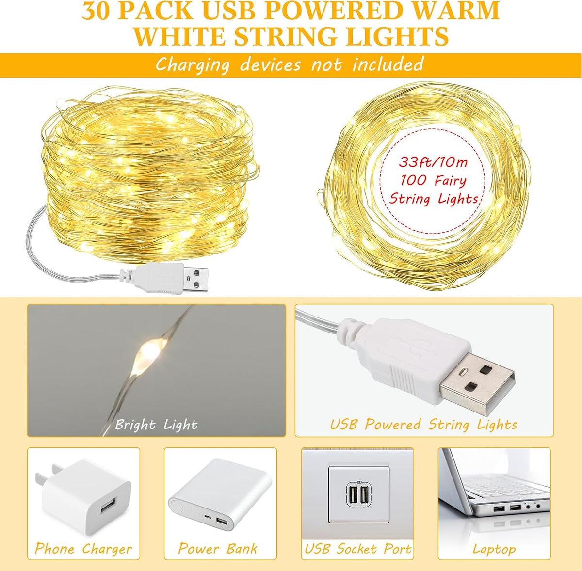 Macarrie Fairy Lights 33ft 100 LED USB Light, Warm, White USB, 30 Pcs