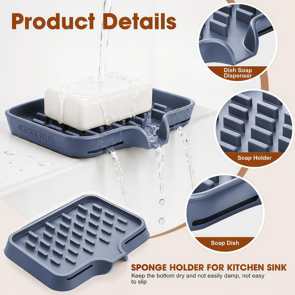 CAKETIME 2 Pack Silicone Soap Dish with Drainage Holes for Bathroom Shower Caddy Kitchen Counter Sponge Holder Bar Sink Organizer Tray Container Drying Accessories Small Case Saver Box Stuff Blue