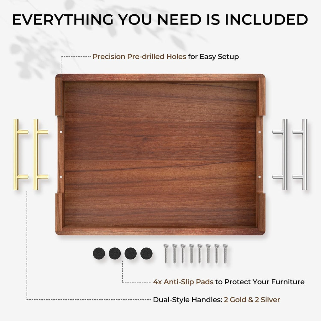 17-Inch Acacia Wood Serving Tray, 2 Handle Sets, Gold and Silver