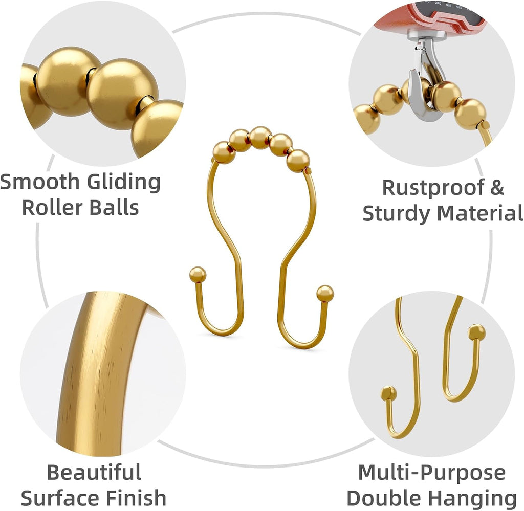 Bathway Shower Curtain Hooks, Shower Curtain Rings Rust Proof Double Hook Shower Curtain Hooks, 12 Pcs Bright Gold Shower Hooks for Shower Curtain, Shower Rings for Curtain, Metal Shower Rod Hooks
