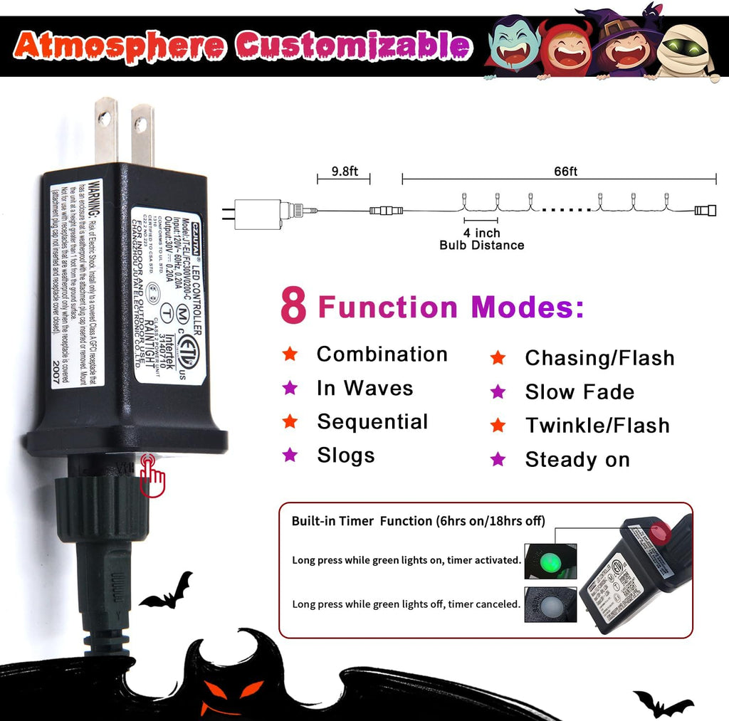 JMEXSUSS 66ft 200 LED Orange and Purple Halloween String Lights, Plug in
