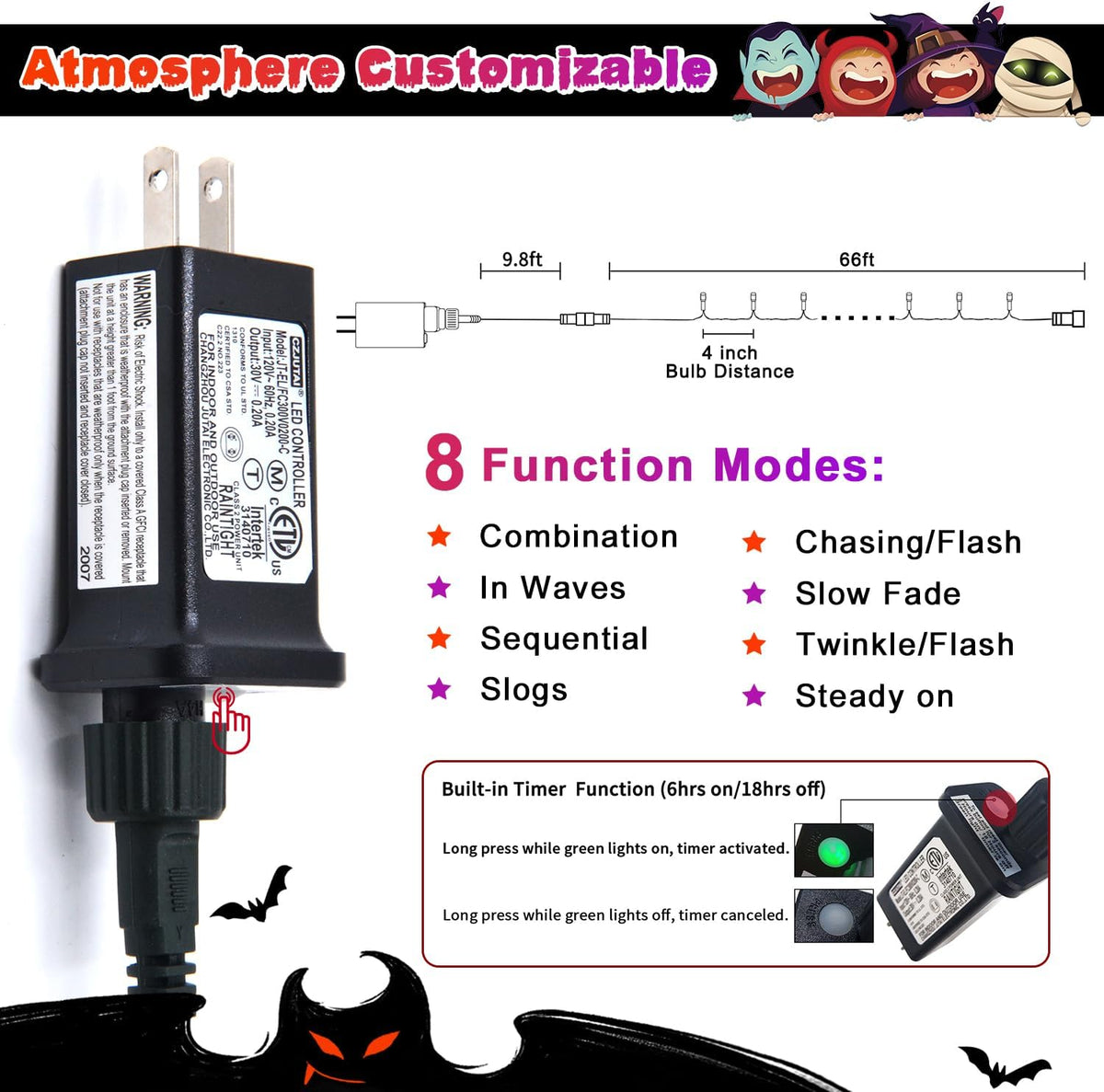 JMEXSUSS 66ft 200 LED Orange and Purple Halloween String Lights, Plug in