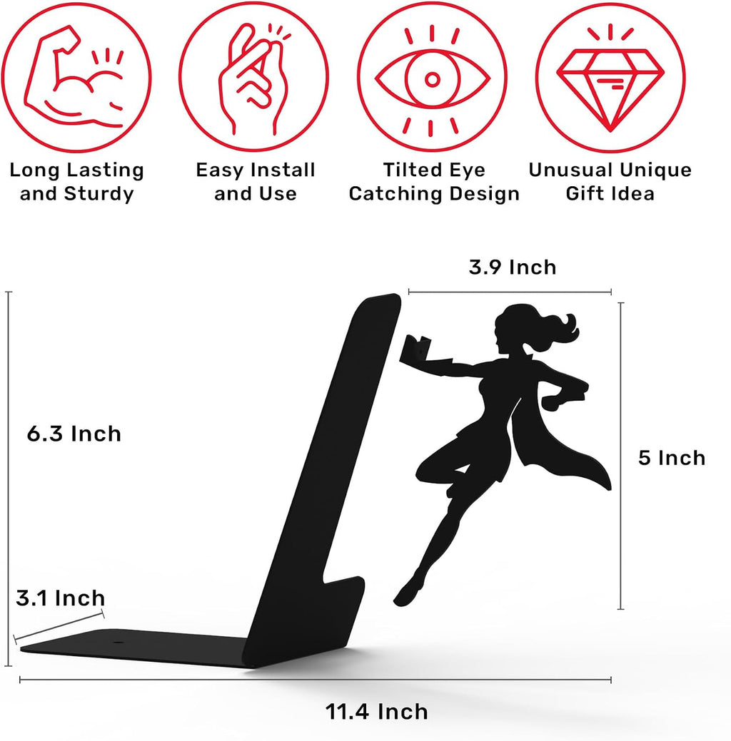Bookends for Shelves - Superhero&Supergal - Heavy Duty Metal Book Ends