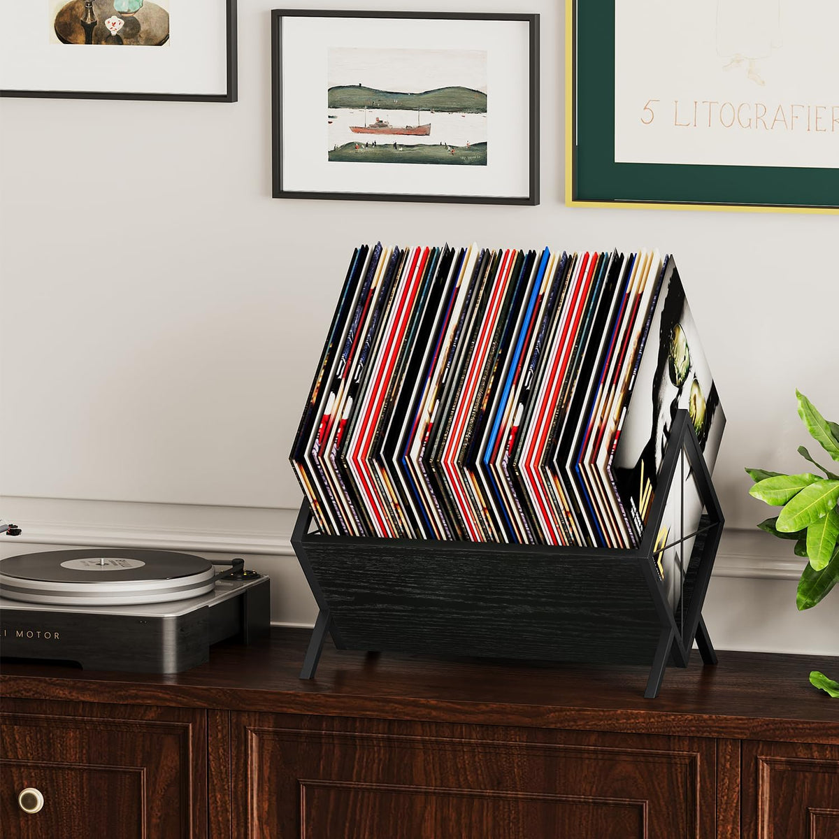 YINMIT Vinyl Record Holder - 80-100 LP Vinyl Record Storage Rack, Quick Assembly Display, Retro Style Organizer for Magazine, Book, Files, Albums (Black, 1 Tier)