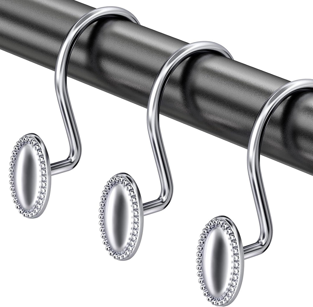 AmazerBath Chrome Shower Curtain Hooks, 12PCS Rust Proof Shower Curtain Rings, Decorative Modern Shower Curtain Hangers, Elliptical Heavy Duty Design Convenient for Bathroom Kitchen Wardrobe