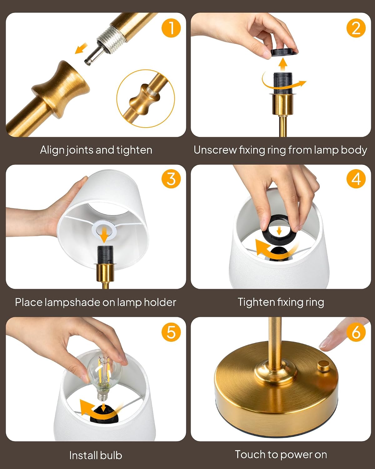 EppieBasic Cordless Table Lamp Rechargeable: Fast Charging & Long Lasting - 2700K Warm Light Samll Vintage Gold Lamps for Women Housewife - Dinning Living Room Bedroom