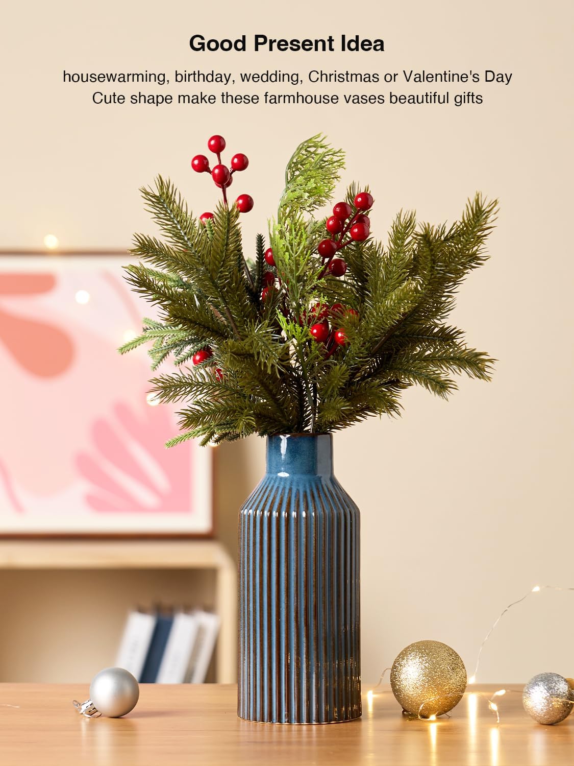 STHIE 8 Inches Ceramic Flower Vase, Blue Vases for Centerpieces