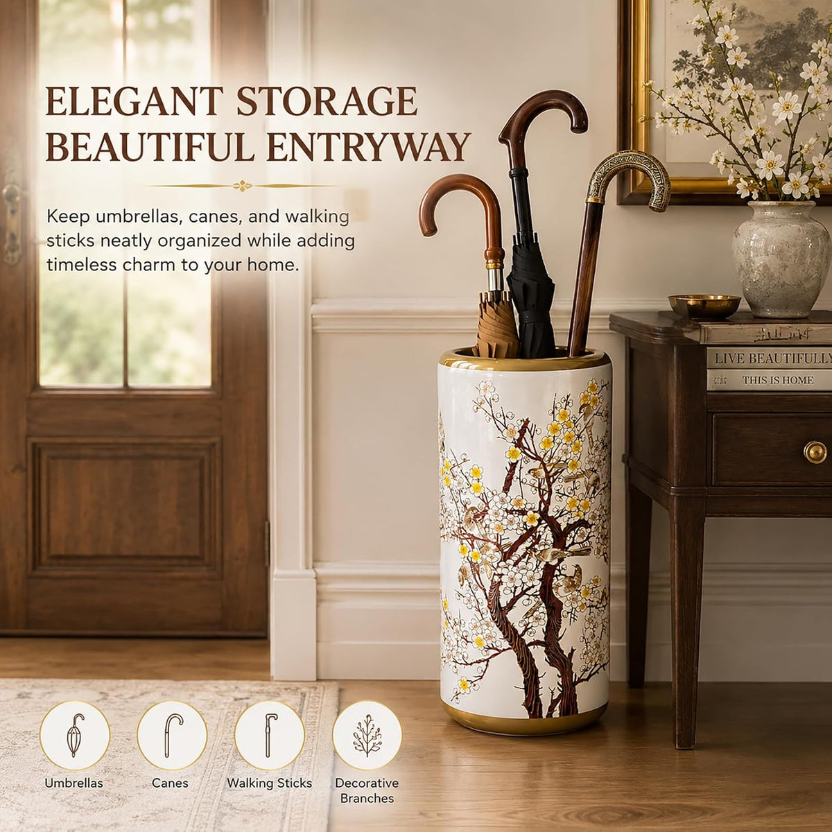 Ceramic Umbrella Stand for Entryway, Decorative Indoor Umbrella Holder with Gold Rim, Floor Vase Cane & Walking Stick Holder for Foyer Hallway Home Decor(Plum Blossom)
