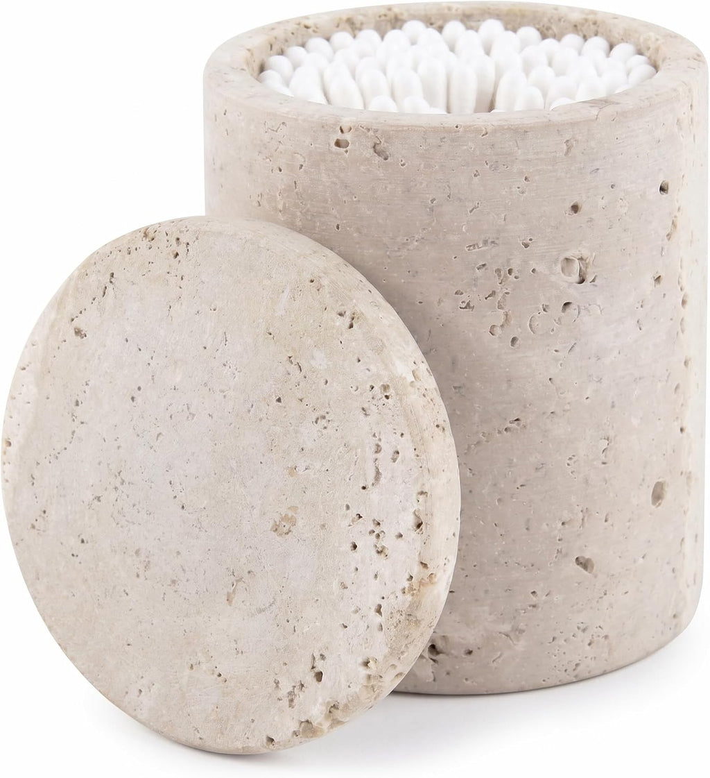 Travertine Q-Tip Holder for Bathroom, 4" Cotton Swab Canister