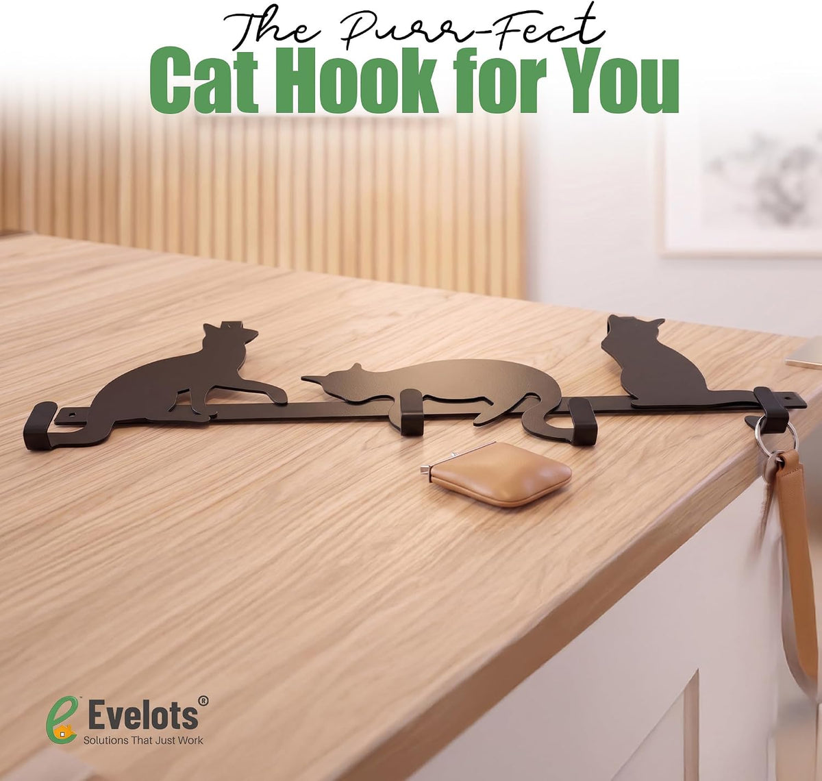 Evelots Cat Over the Door Hook Rack, 4 Hooks for Coats, Towels & Bags