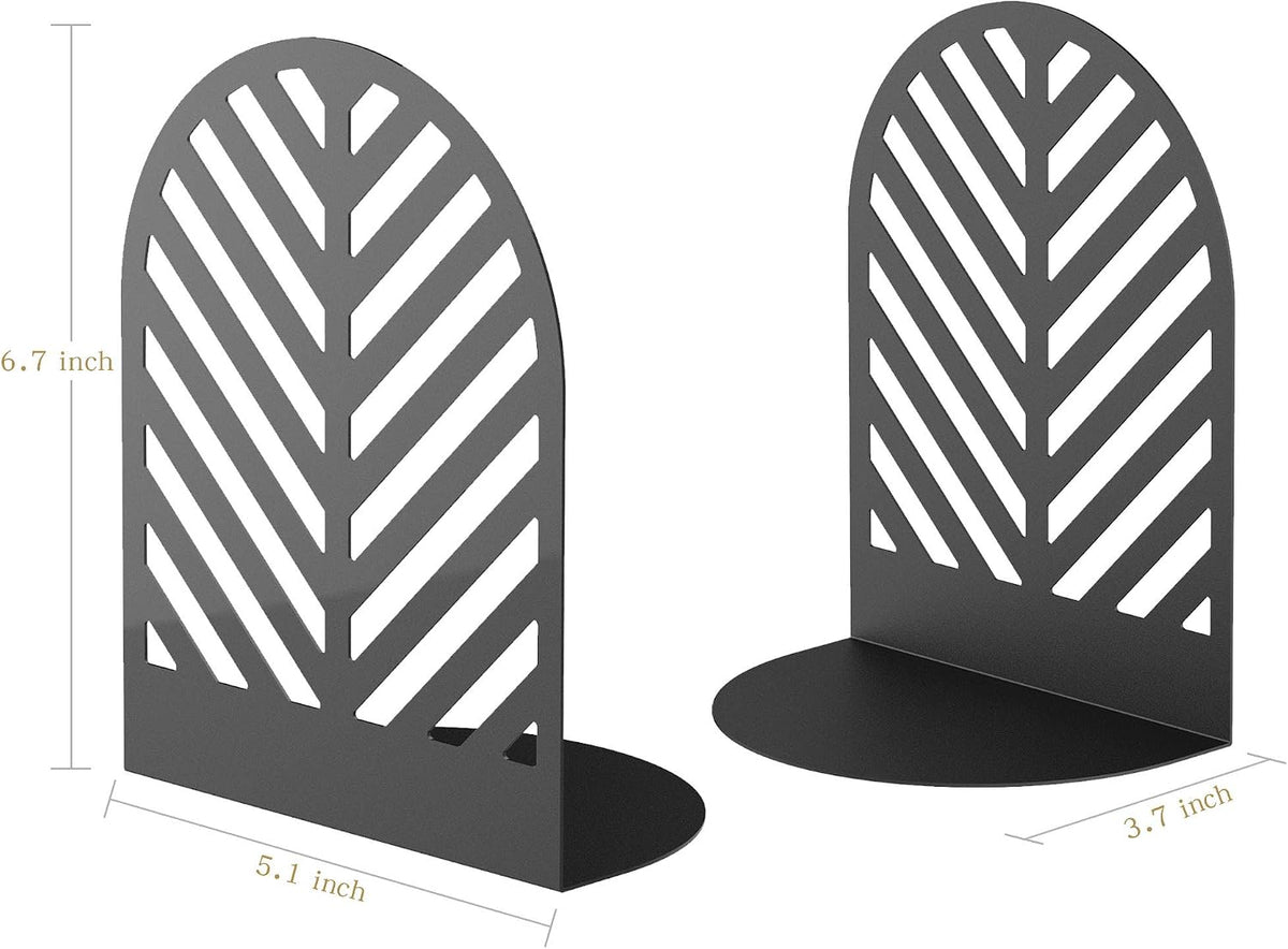 QiMing Leaf Bookends for Books,1 Pair Metal Book Holders for Office Shelves Adults Gift(Black)