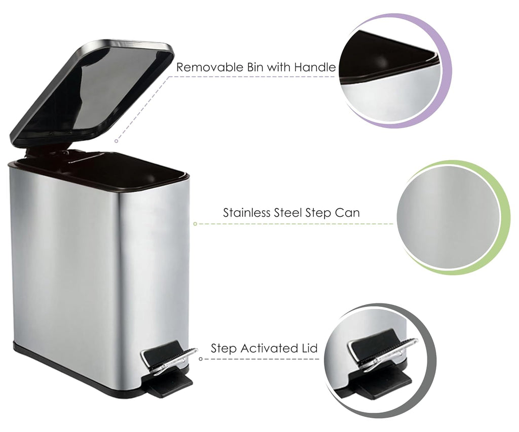 Stainless Steel Small Trash Can with Lid & Step Pedal - 6 Liters/1.6 Gallon Soft Close Garbage Can with Removeable Inner Bucket - Trash Cans for Bathroom, Bedroom, Kitchen & Office (Chrome)