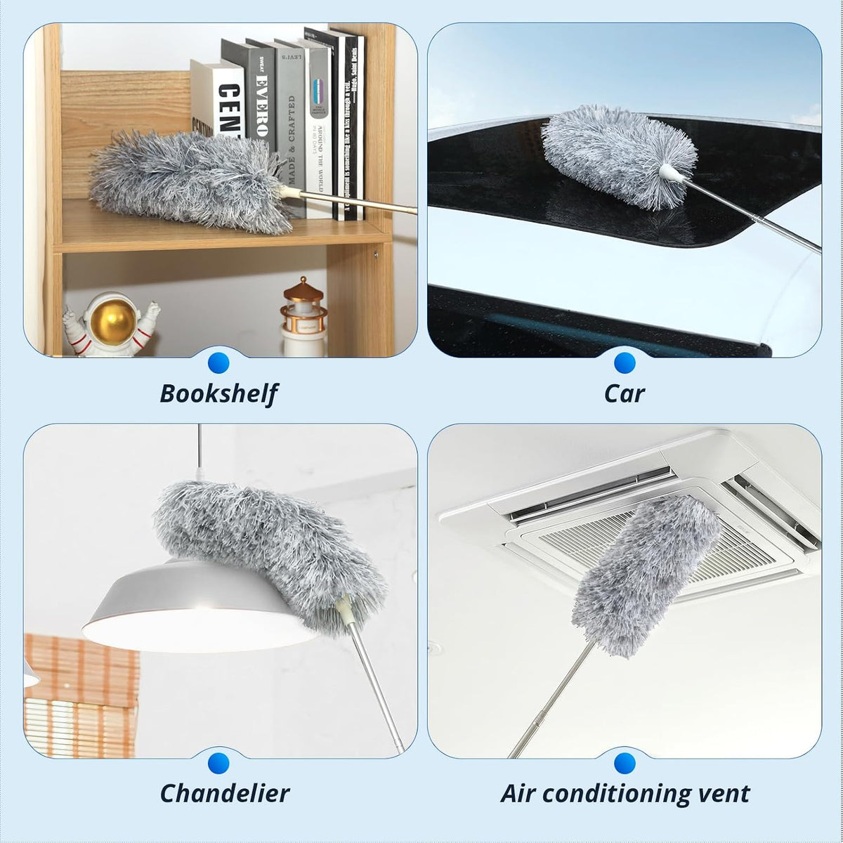 ZZ LAZYCOTTAGE Duster with Extension Pole & Flexible Head, Gray Feather Duster, Long Ddusters for Cleaning for High Ceilings, Walls, Fans, Cobweb and Furniture