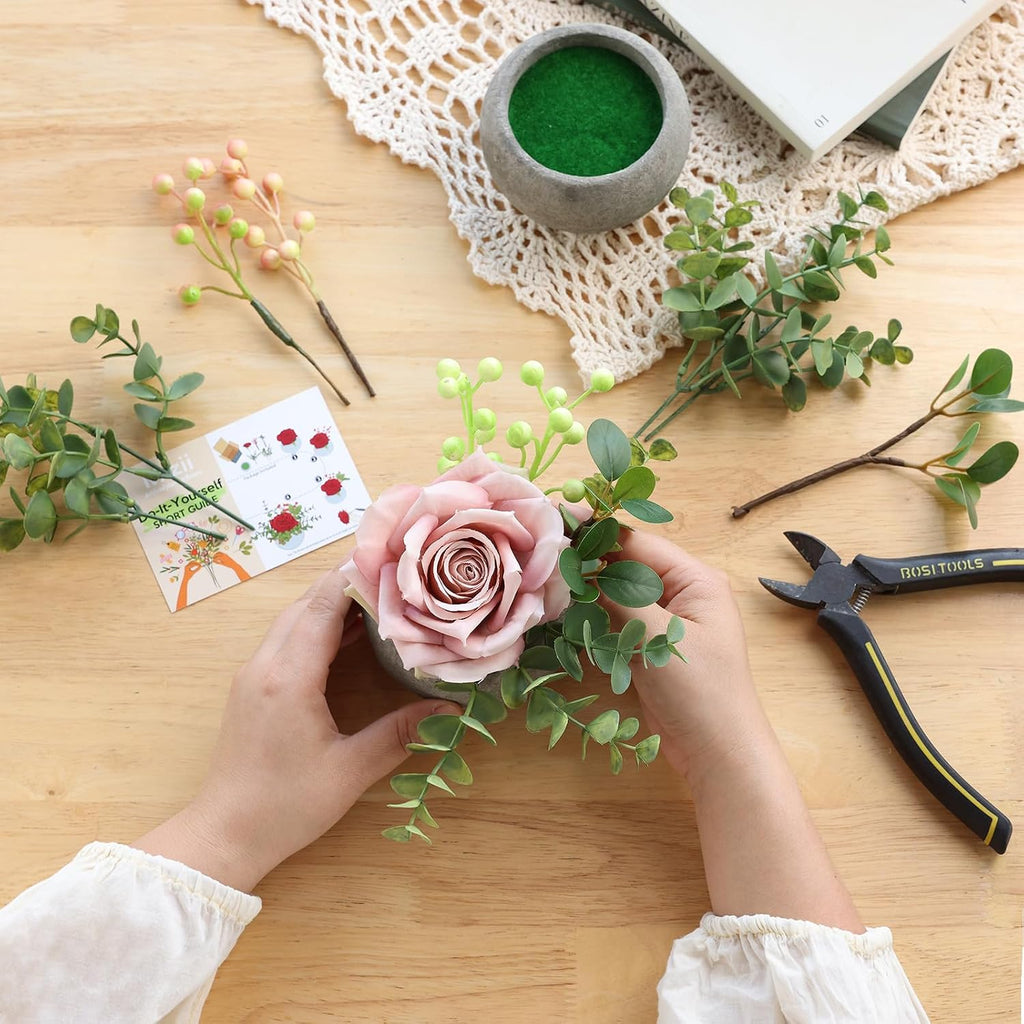 mizii DIY Small Artificial Flowers Potted Kit Fake Flower Realistic Silk Rose and Greenery with Vase for Gifts Table Centerpiece Mantle Office Desk Shelves Living Room Decorations (Light Pink)