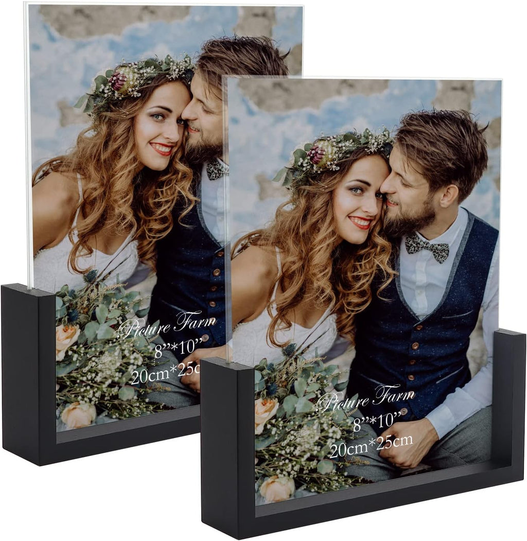 PETAFLOP 8x10 Picture Frame Set of 2, Black Rustic Wooden Photo Frames 8 by 10 Inch with HD Glass, U Shaped Double Sided Menu Holder Sign Card Stand for Tabletop Display