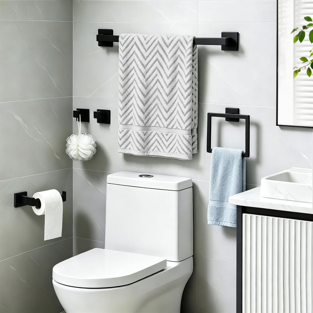 VELIMAX Mattle Black Towel Bar, SUS304 Stainless Steel Bathroom Hardware Set, Towel Racks for Bathroom Wall Mounted 16-Inches