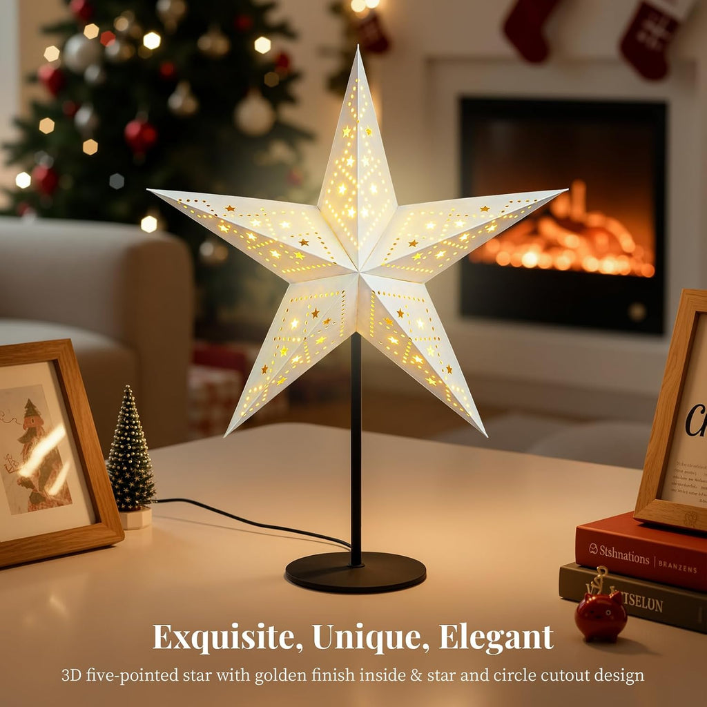 Lewondr 3D Christmas Paper Star Table Lamp, 17.72" 5-Pointed Xmas Star