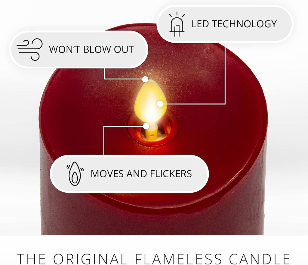 Luminara Flameless Flickering Melted Edge Set of 3 Candles, Battery Operated & Timer Function, Remote Included, Unscented Paraffin Burgundy Wax LED Light Pillar, Christmas Holiday Décor