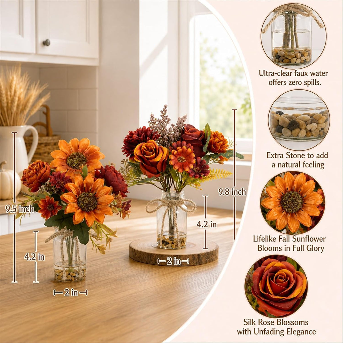 2 Packs Artificial Autumn Sunflower Rose in Glass Vase with Faux Water,Red