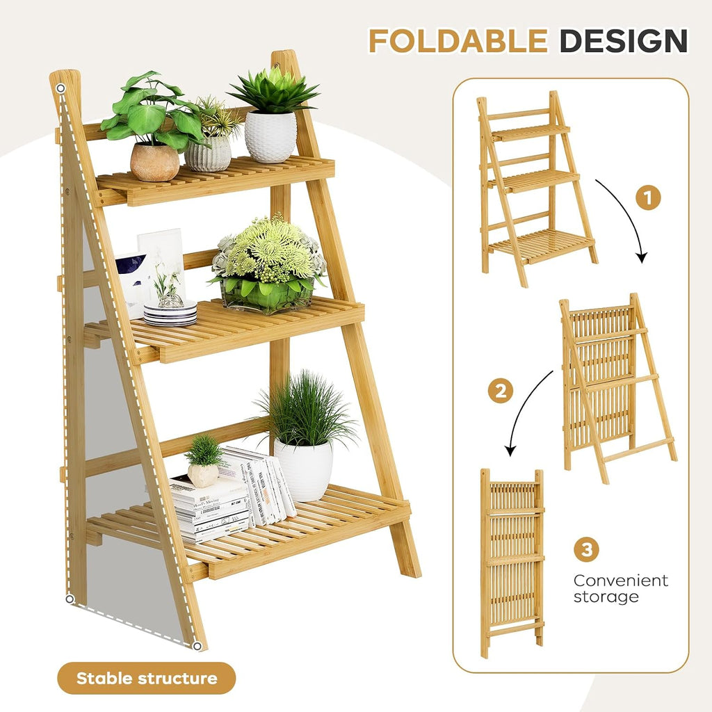 Foldable Ladder Shelf 39.4", Plant Shelf 3 Tier, Bamboo Ladder Bookshelf
