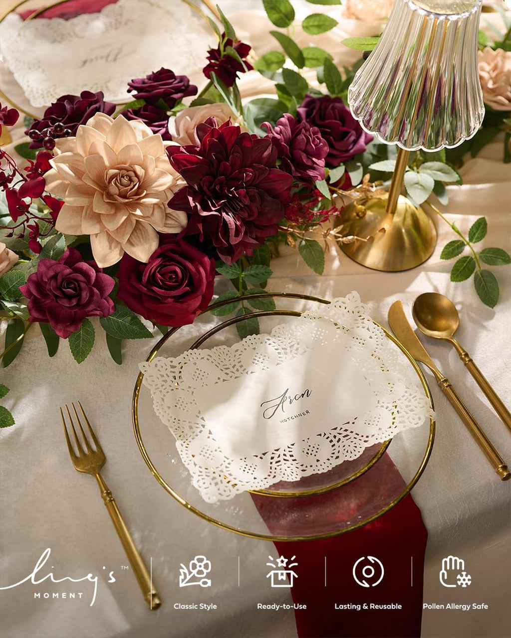 Ling's moment Burgundy Artificial Dahlias, Silk Wedding Flowers, 9 pcs