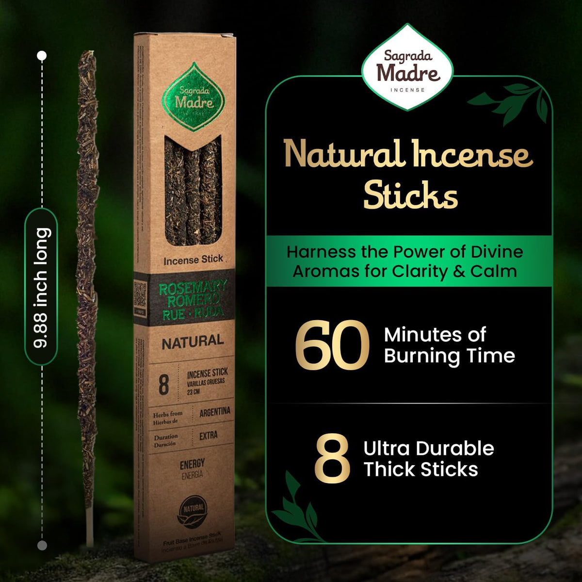 Sagrada Madre Natural Rue Rosemary Frankincense Incense, 8 Sticks
