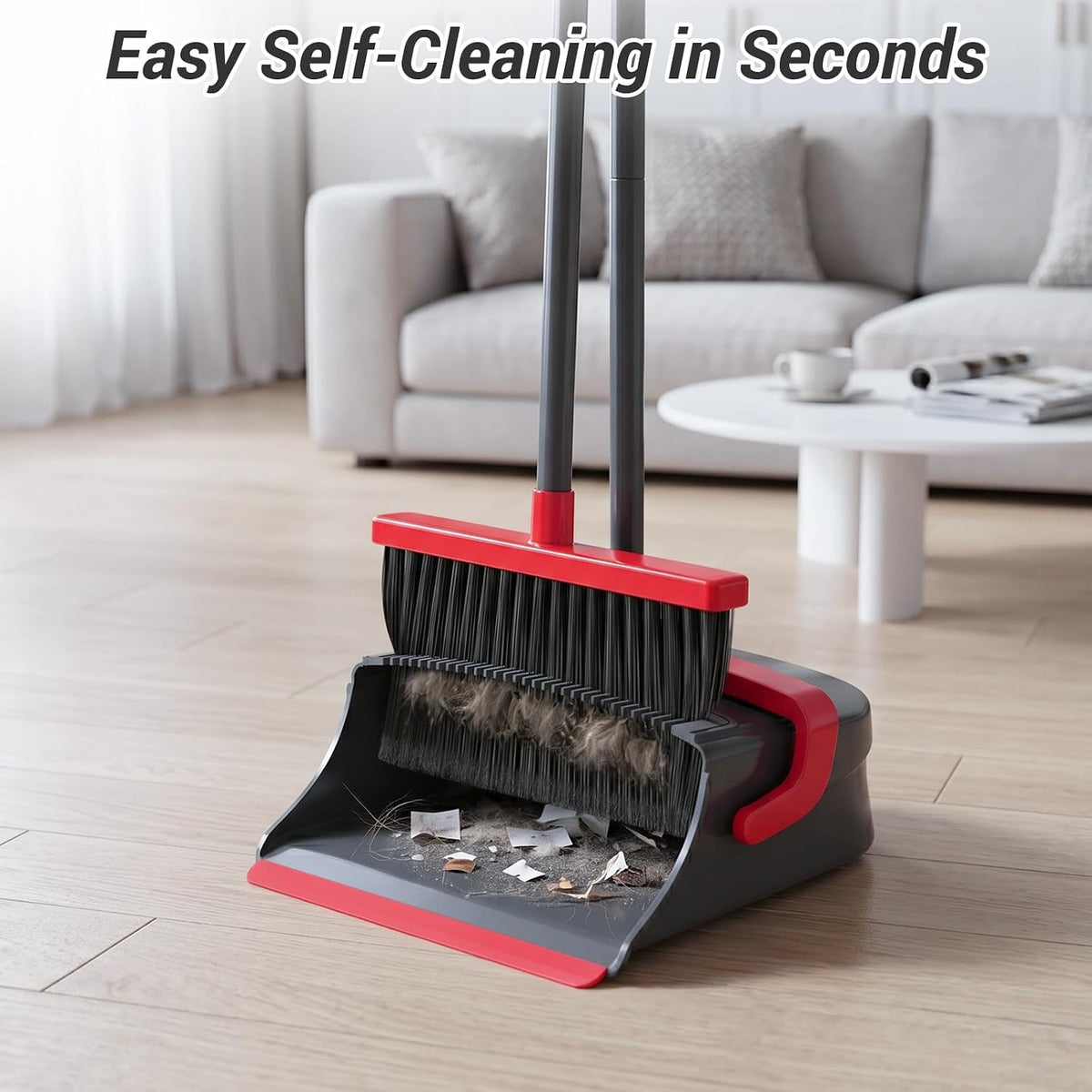 Broom with Dustpan Set for Pet Hair & Dust Cleanup, Red & Gray