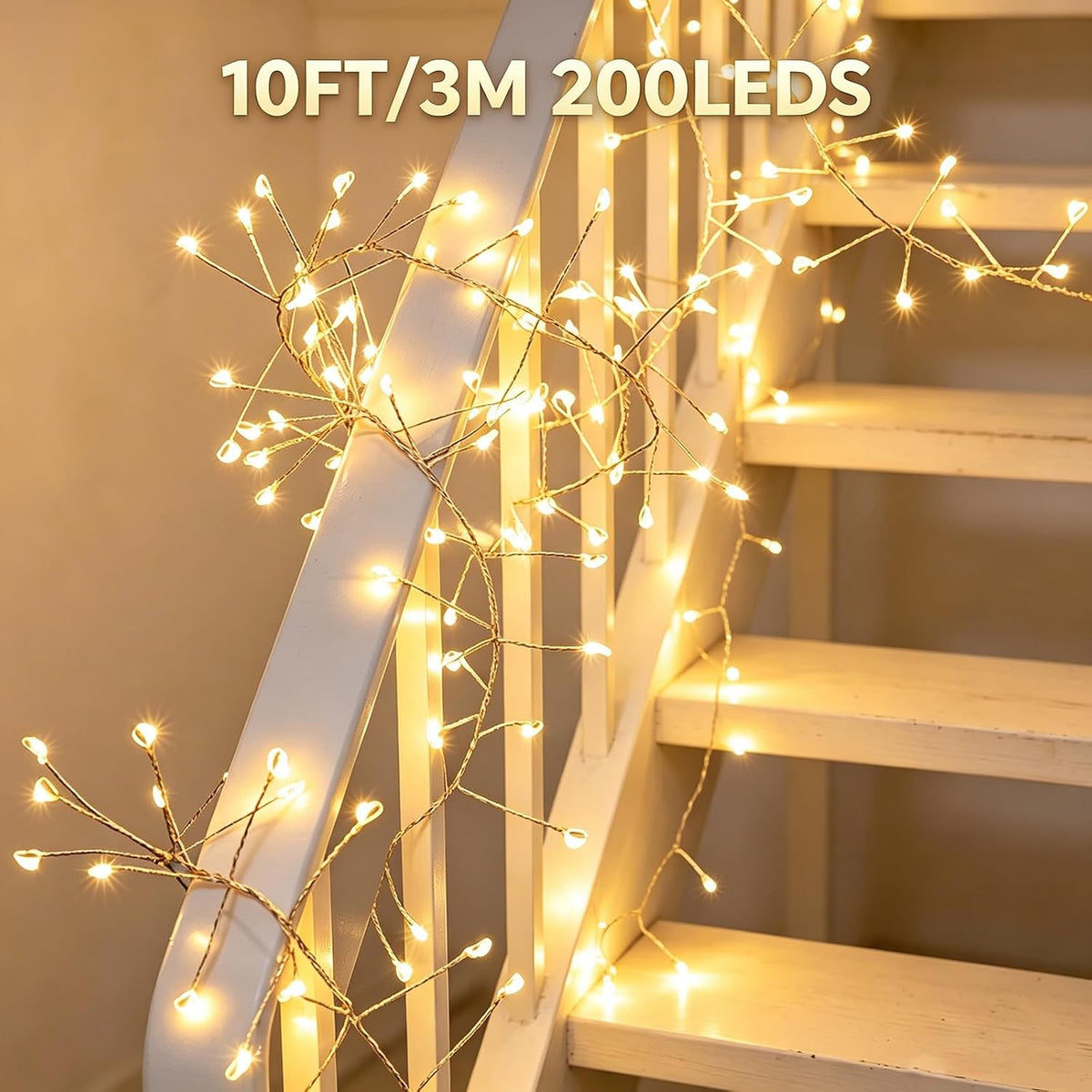 Fairy Lights Battery Operated with Timer Function, 10FT 200 LEDs Firecracker String Lights, Warm White Waterproof Gold Wire Cluster Lights for Bedroom, Wedding, Christmas, Party, Home Decor