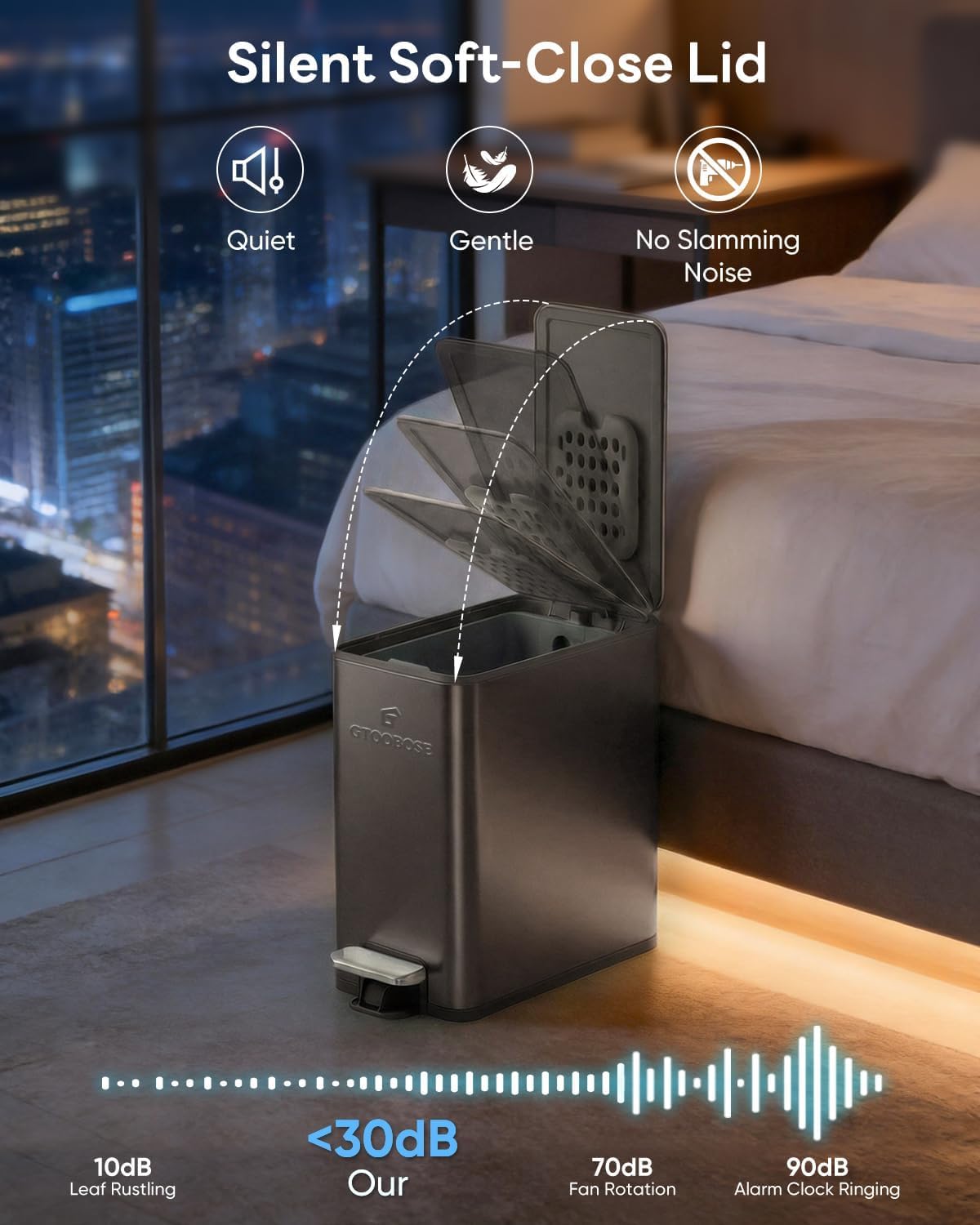 10L/2.6G Slim Bathroom Trash Can, Narrow Stainless Steel Soft-Close Step Pedal Bin with Lid, Odor Control Carbon Box, Removable Inner Bucket, Small Waste Bin for Bedroom, Office, RV (Gray)