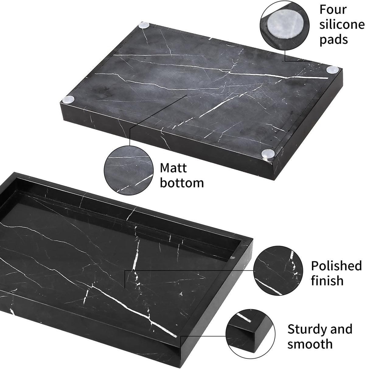 Marble Bathroom Vanity Tray, Black Marquina, 12"x 8" x1.2"