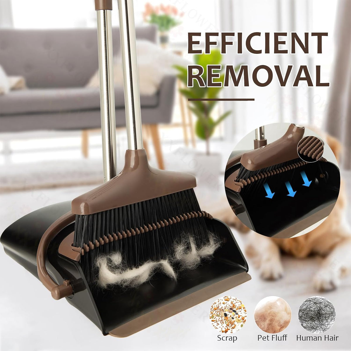 Broom and Dustpan Set with Long Handle, Light Weight Stainless Steel Poles Stand Upright Dustpans with Broom Combo for Home Kitchen Office Pet Dog Hair, 1-Pack (Black Brown)
