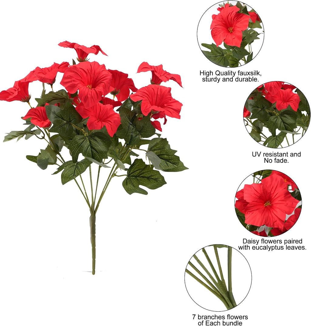 Artificial Fake Flowers Plants for Outdoor Decoration, 4PCS Faux Petunias Silk Flower UV Resistant No Fade for Home Outside Garden Balcony Yard Porch Realistic Indoor Decor (Purple/Red)