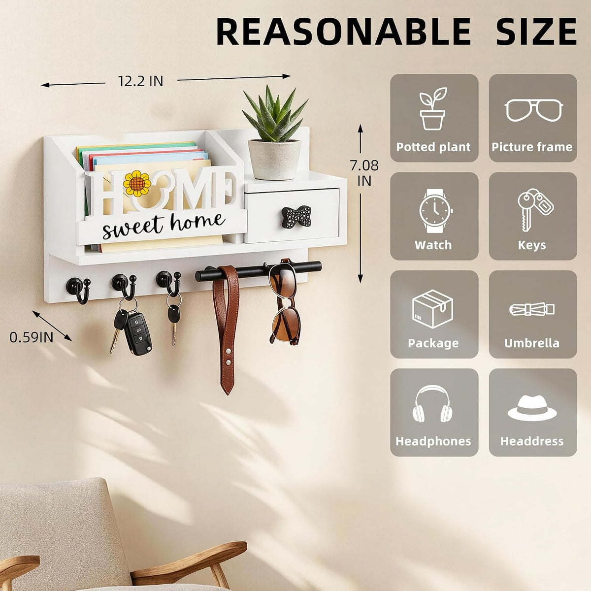 AIRPOP Key Holder Wall Mount-Home Sign Mail and Key Organizer for wall with 3 Hooks and Storage Drawer, Easy Installation Key Rack Hanger for Entryway Living Room House Decor (White)
