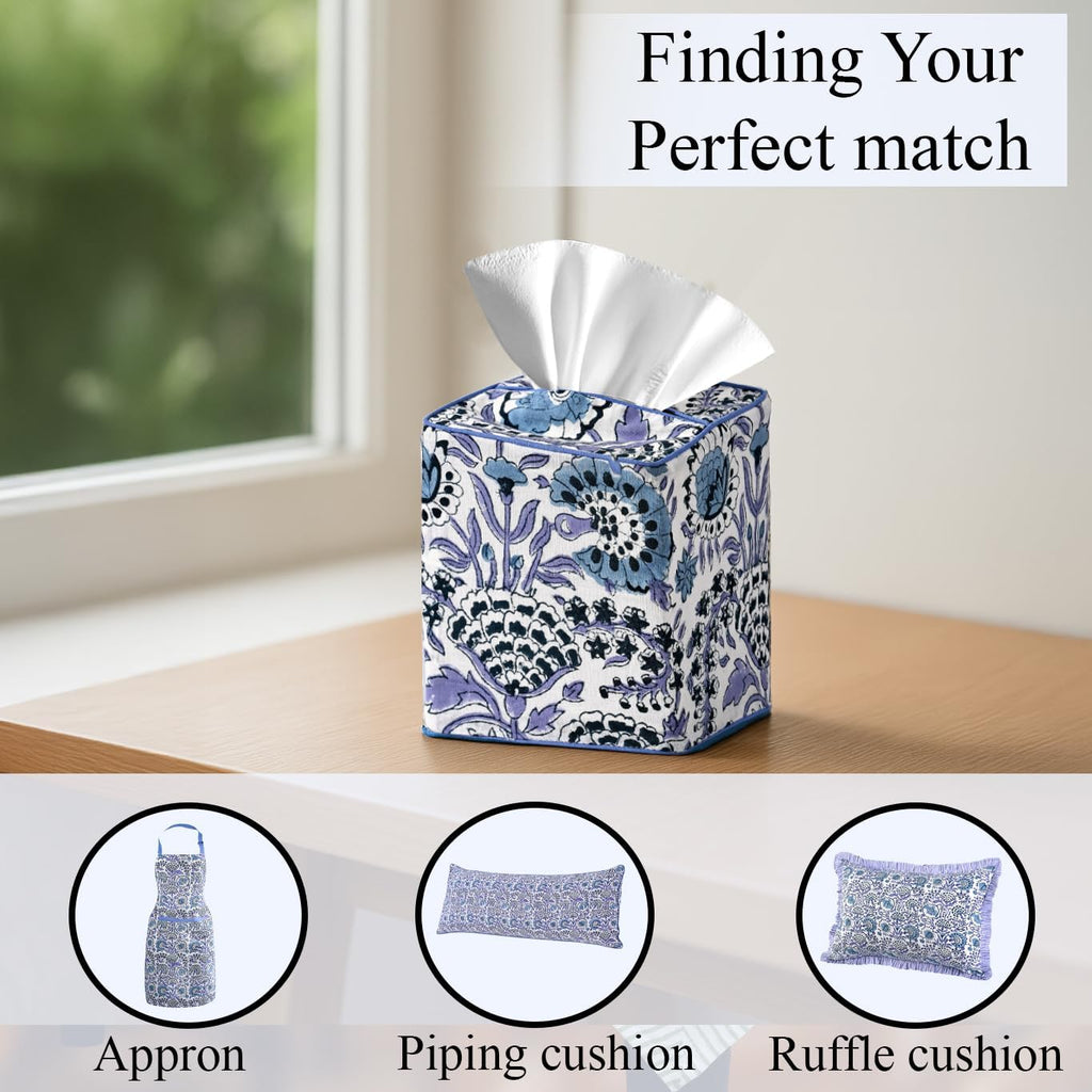 CPC 100% Cotton Piping Block Print Tissue Box Cover, Indigo Blue