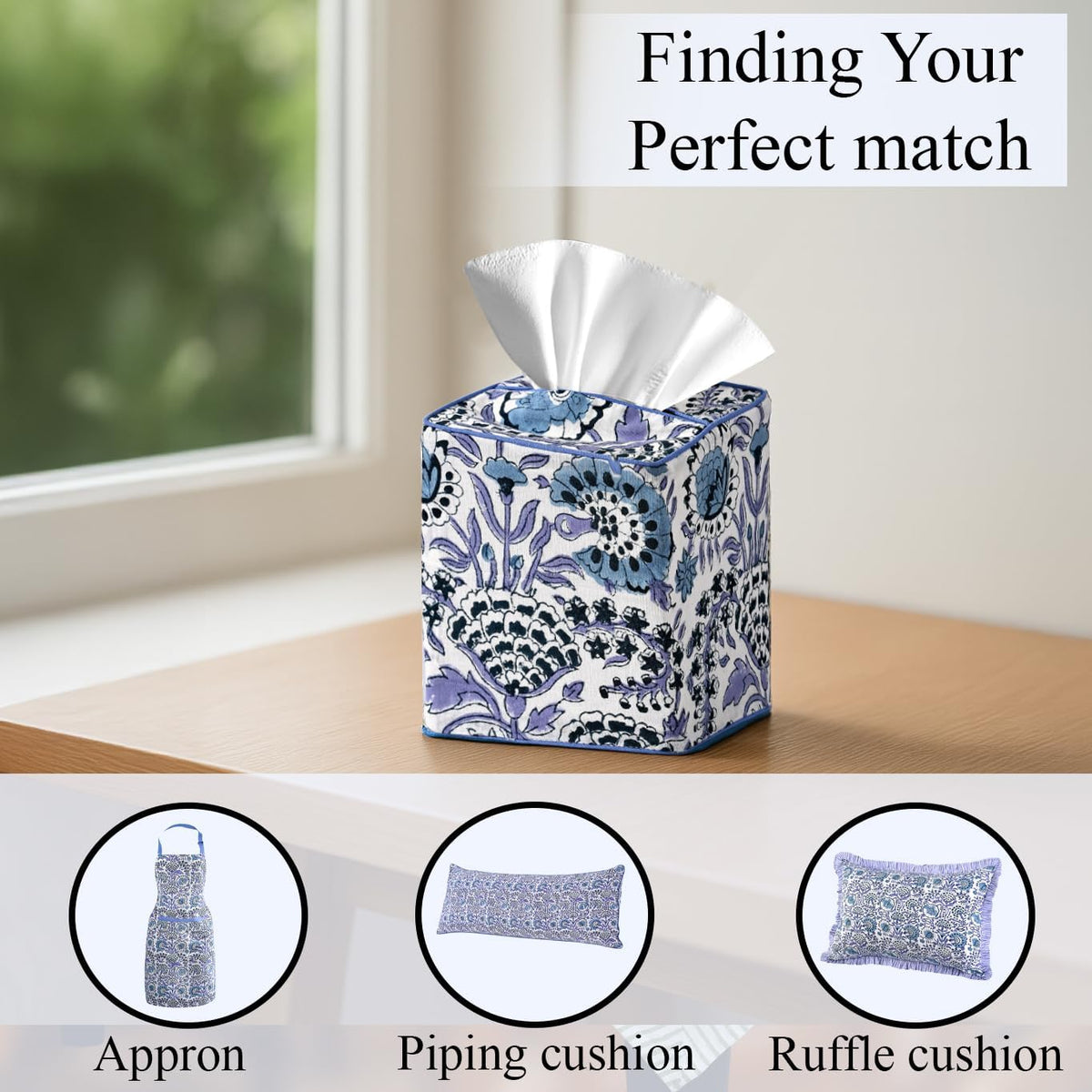CPC 100% Cotton Piping Block Print Tissue Box Cover, Indigo Blue