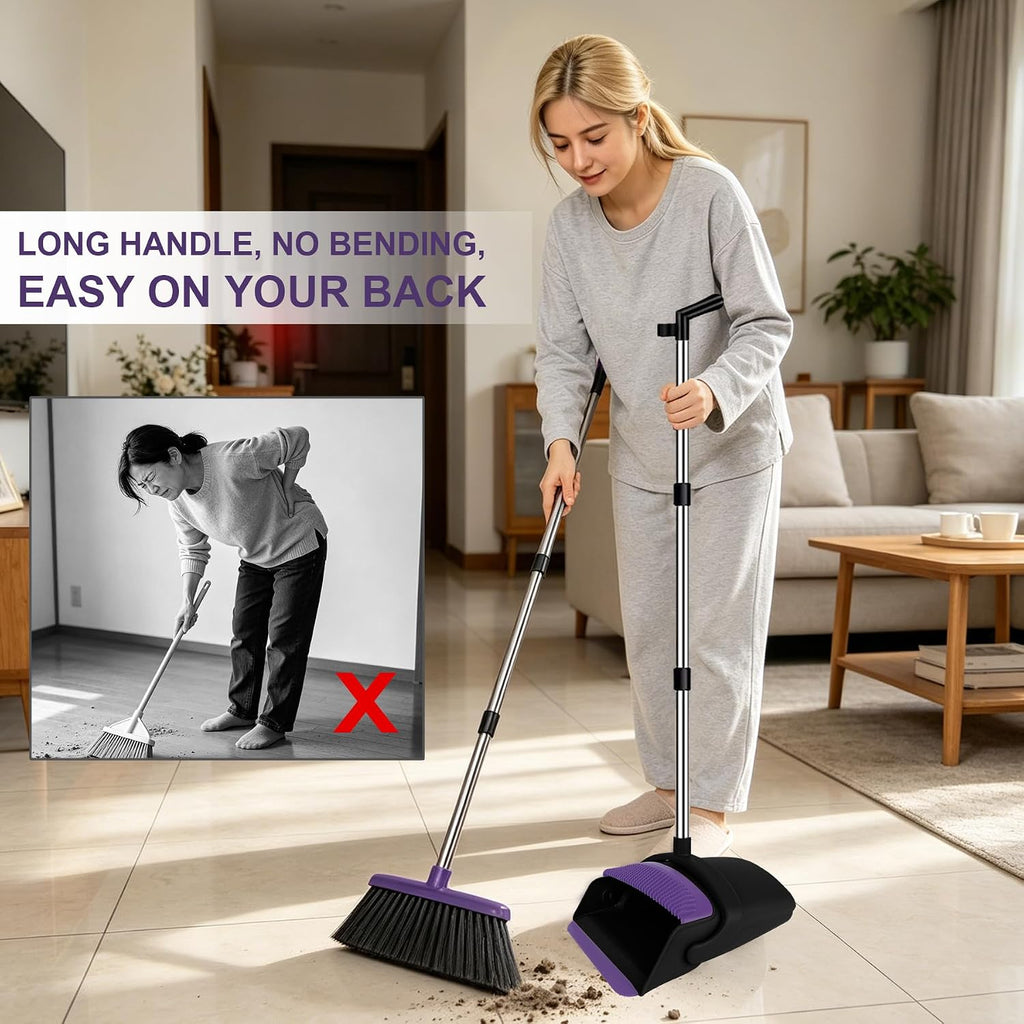 Broom and Dustpan Set, 51" Long Handle Broom with Built-in Comb - Purple