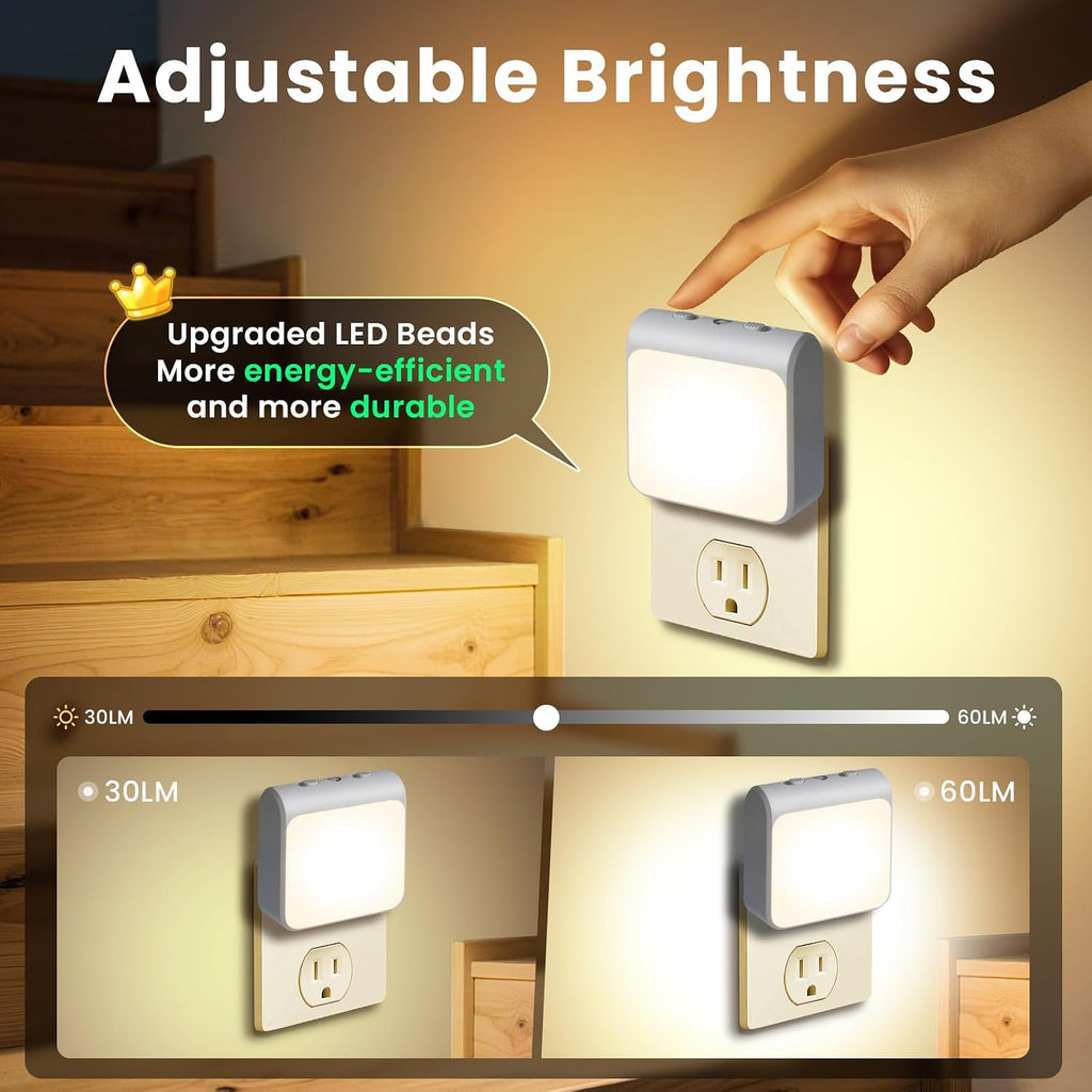 Dimmable LED Night Lights Plug into Wall with Dusk to Dawn Sensor, 2 Color in 1 Plug in Night Light 30-60lm Brightness Adjustable, Auto-On/Off Nightlight for Bedroom, Kitchen, Bathroom, Hallway 2-Pack