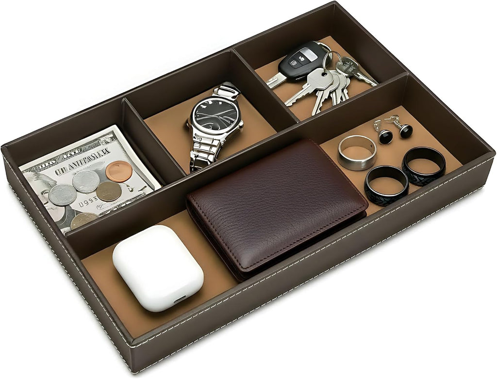 Leather Valet Organizer Nightstand & Dresser Storage Tray (Brown)