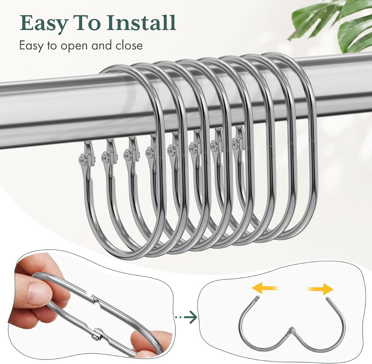 Bathway Shower Curtain Rings, Shower Curtain Hooks Chrome Shower Rings Rust Proof, Anti-Drop Shower Rings for Curtain, 12Pcs Shower Hooks for Shower Curtain Rod Oval Bathroom Curtain Rings