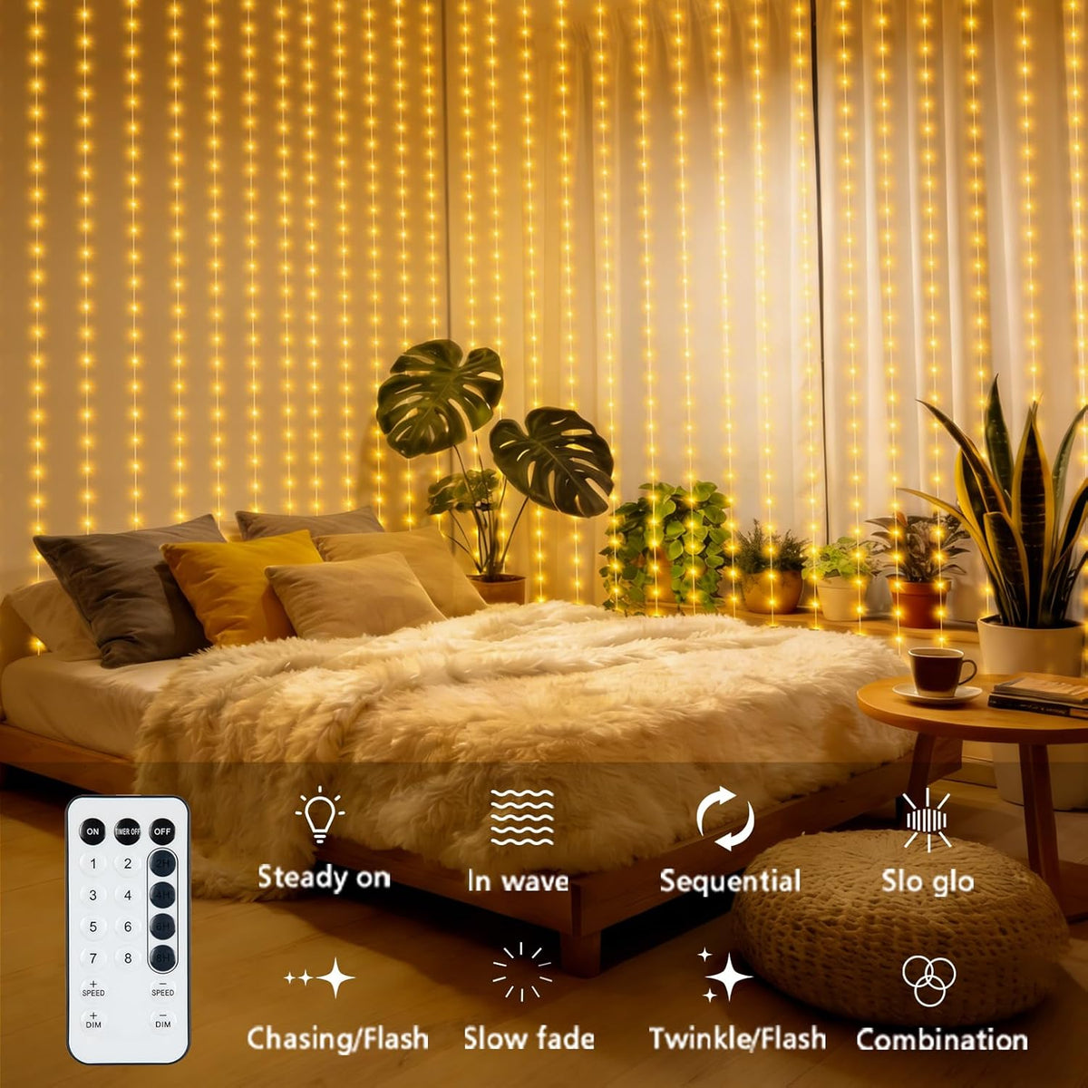 echosari Curtain Lights Battery Operated 9.8 x 9.8Ft with Timer Warm White