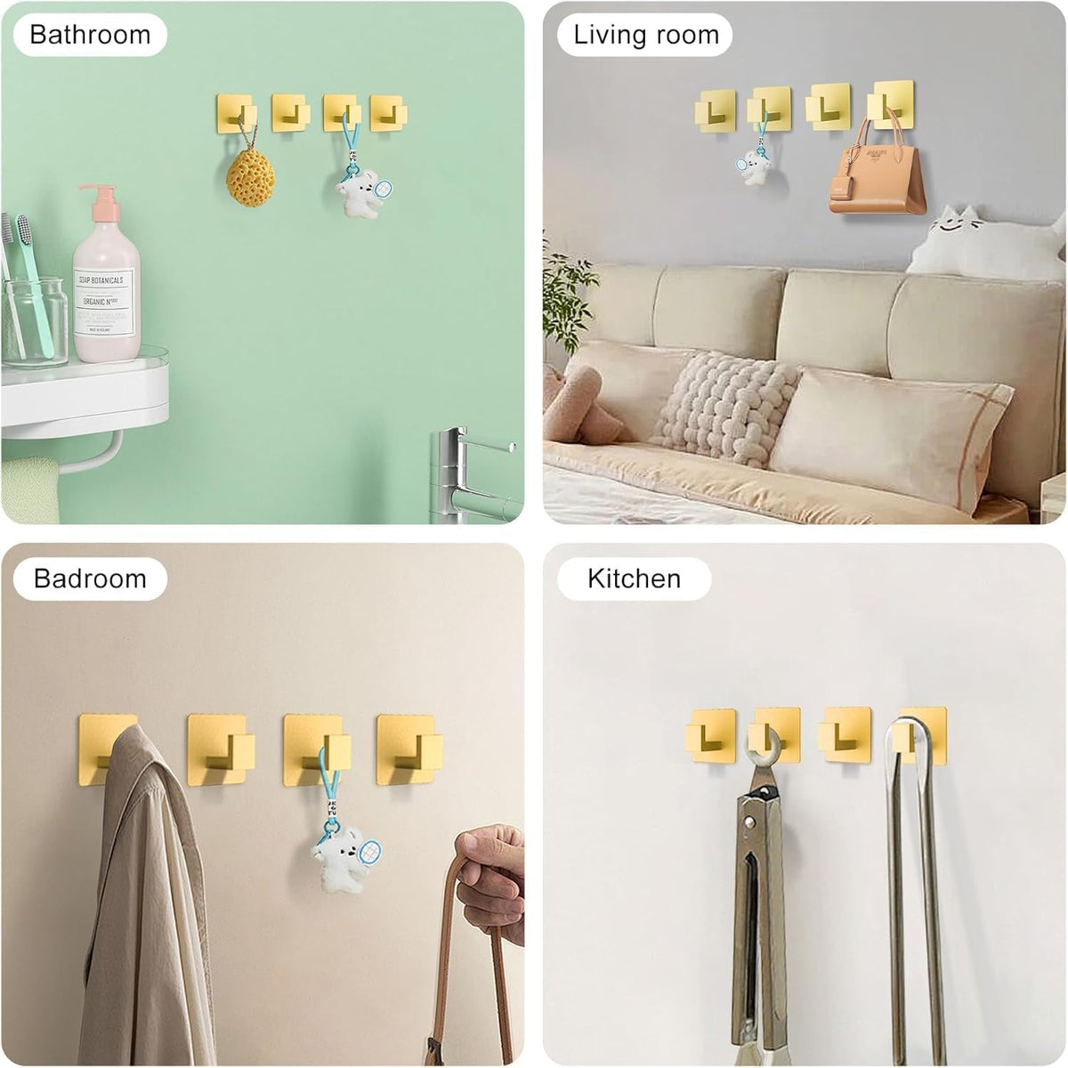 Gold 4 Pack Self Adhesive Wall Hooks,Stainless Steel Stick On Towel Hook,Sturdy No Drilling Robe Hook,Heavy Duty Clothes Hanger Hook,Square Wall Hooks for Bathroom Bedroom Kitchen