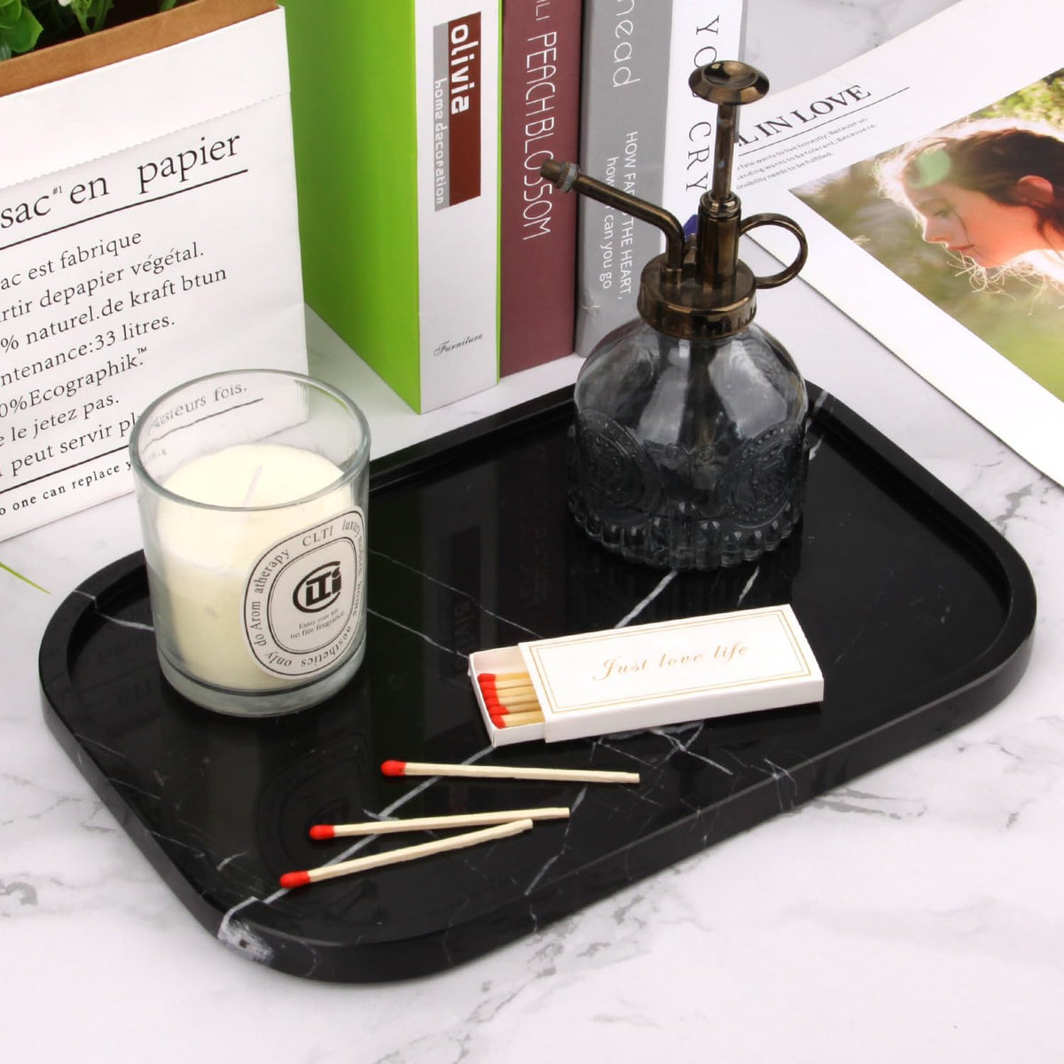 Marble Bathroom Vanity Decorative Tray, Black Marquina, 12 * 8 * 0.8