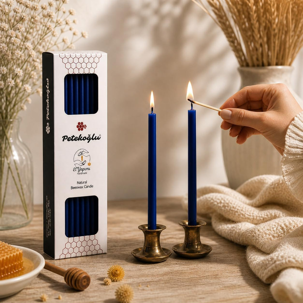 Petekoğlu 40 Pieces Pure Beeswax Candles - No-Drip, Smoke-Less, Tall, Thin Taper Decorative Candles for Church Prayer, Decor or Birthday Candles – Honey Scented Candles – 7.9”x0.26” (Deep Blue)