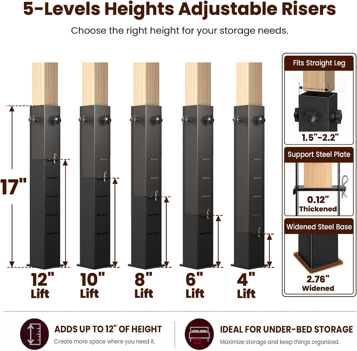 Heavy Duty Dorm Bed Risers Extenders, Fits Bed Legs 1.5" to 2.2" Diameter