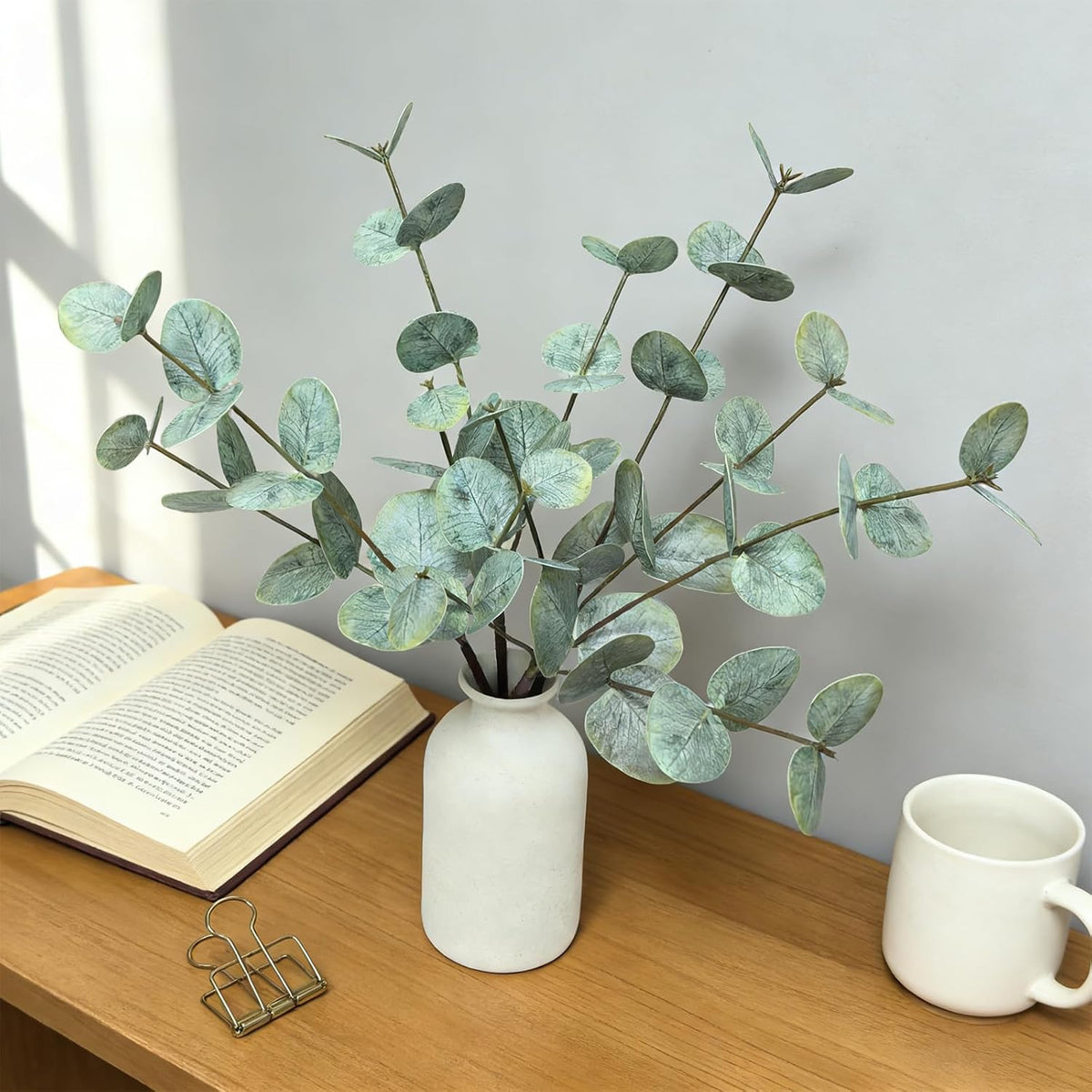 15" Eucalyptus Stems with Vase, Gray Green