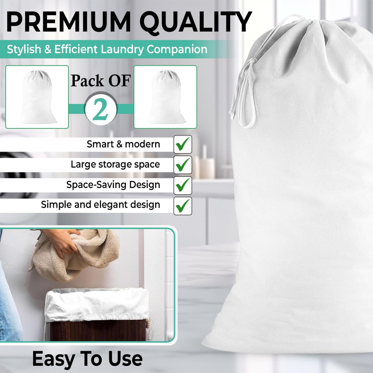 2 Pack - Cotton Laundry Bag, Heavy Duty Large Laundry Bags 24 x 36 inch Drawstring Travel Organizer Bag Fit Hamper Basket Camp (WHITE, Pack of 2)
