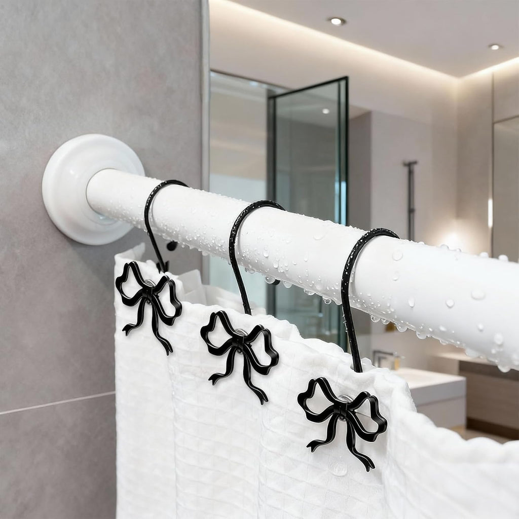 Black Bow Shower Curtain Hooks, 12 Pcs Metal Black Shower Curtain Hooks for Bathroom Decor, Cute and Rust-Proof, Suitable for Standard Showers Curtains Rods
