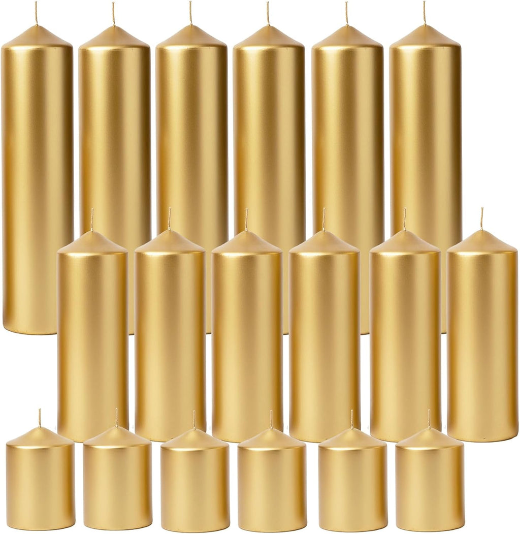 18 Pcs Gold Pillar Candles Bulk Set，Hurricane Candles，3 Different Lengths (6 Each)，Dripless Unscented Smokeless，Suitable for Decorating Christmas, Weddings, and Other Events！